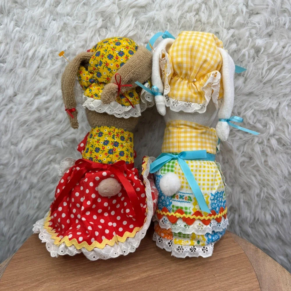 Easter Bunny Sock Dolls Handmade Spring Decor Set of‎ 2 Yellow Gingham Polka Dot